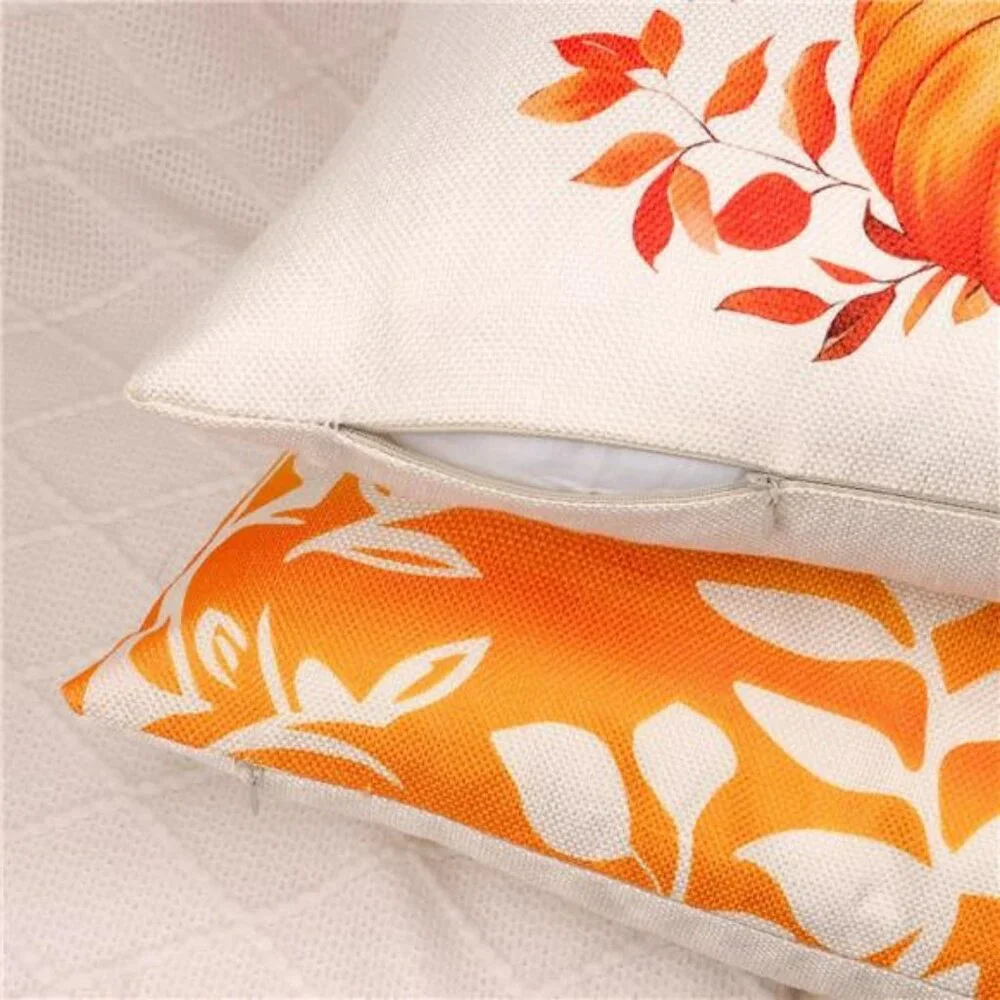 Fall Pumpkin Pillow Covers 18x18 Set of 4 Linen Throw Cases Autumn Thanksgiving